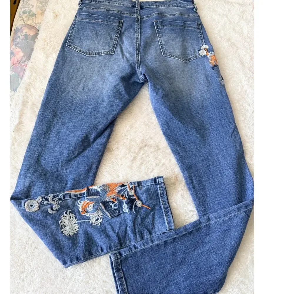 Tempo Paris Embroidered Jeans Womens M Blue Bird Floral Ankle Denim